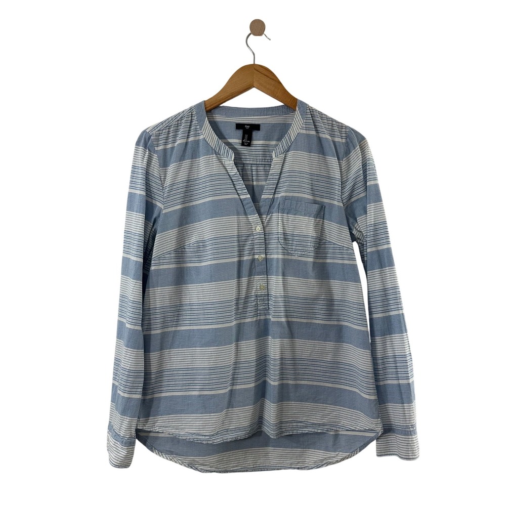Gap Womens Small Blue White Striped Cotton Henley Long Sleeve Shirt Blouse Tunic